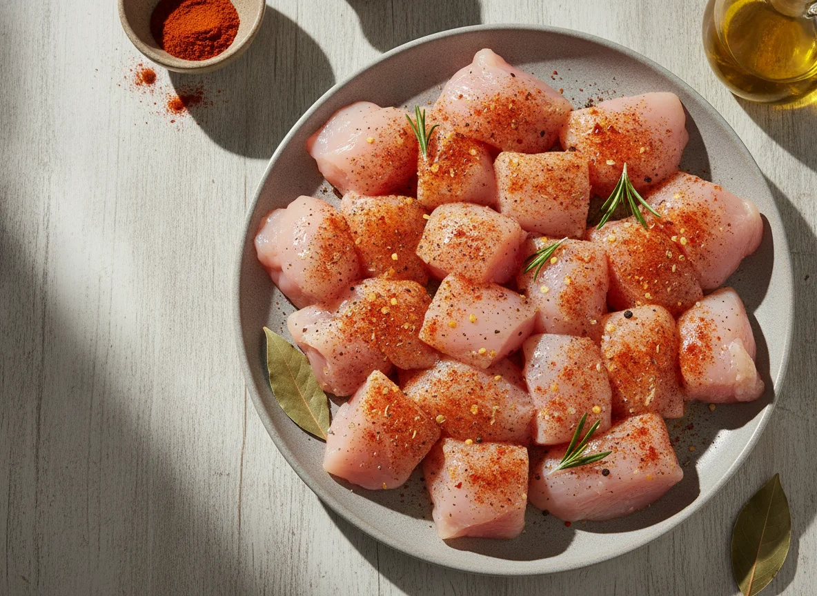 Seasoned raw chicken breast pieces photo