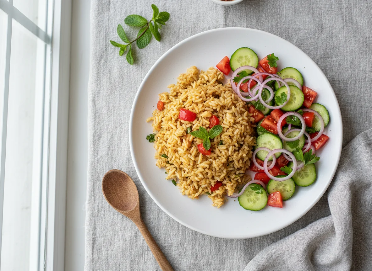 Seasoned Rice with Tomato and Cucumber Salad photo