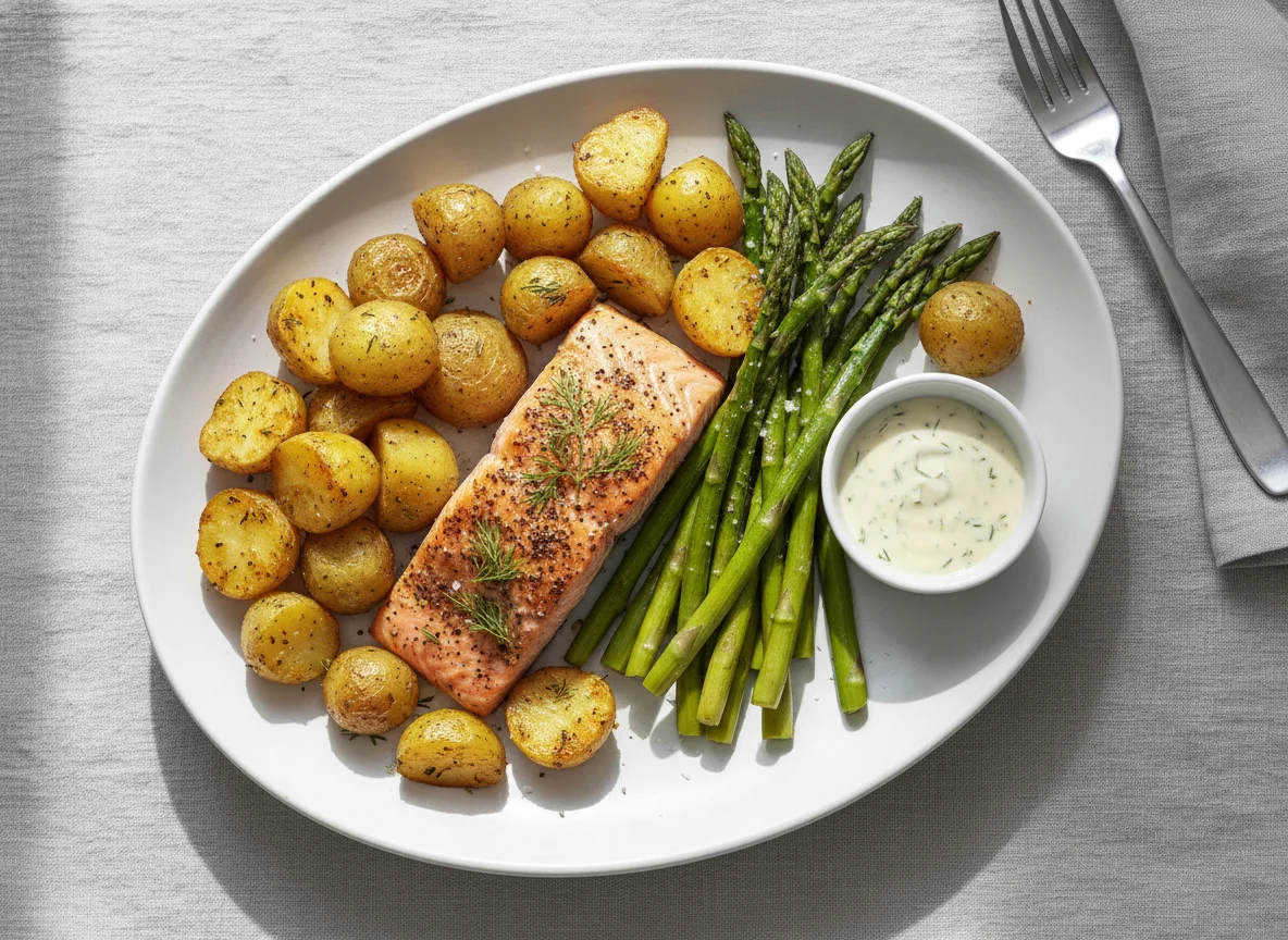 Seasoned Salmon with Asparagus and Roasted Potatoes photo