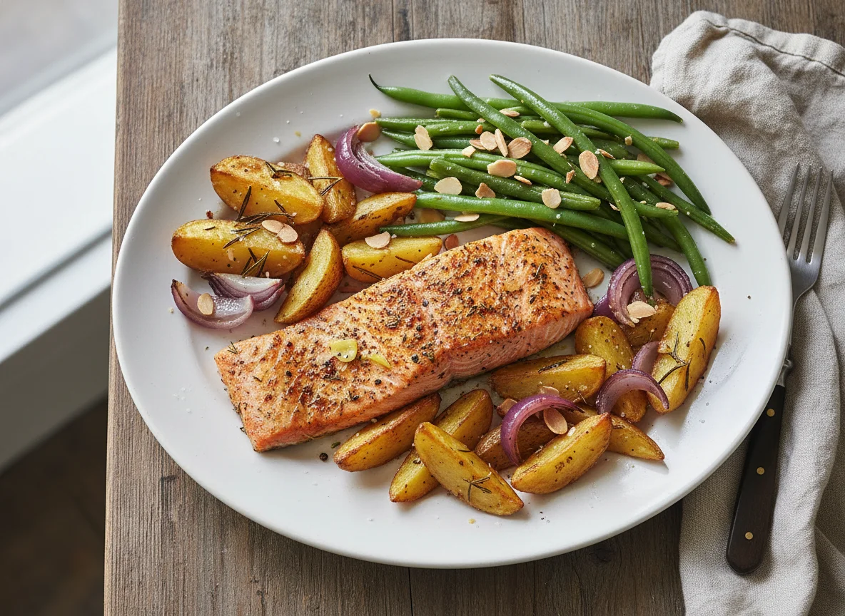 Seasoned Salmon with Green Beans and Roasted Potatoes photo