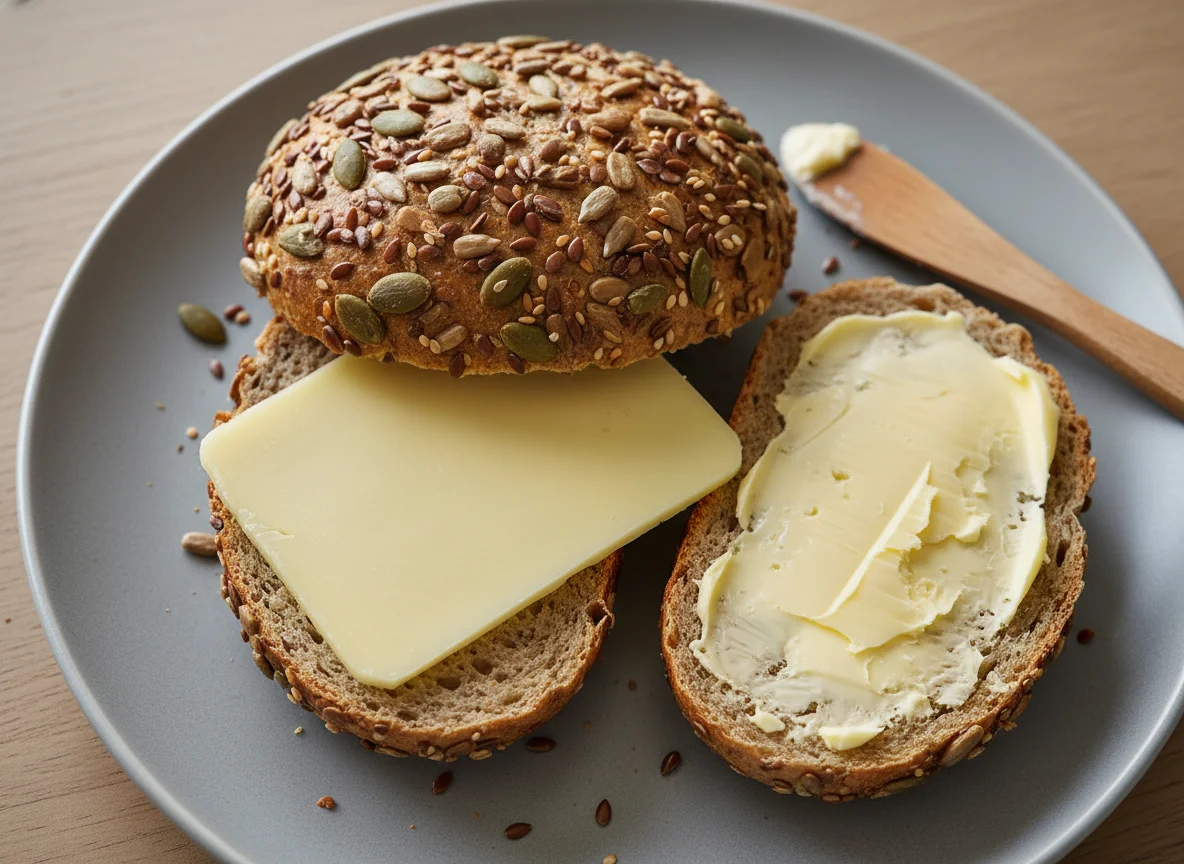 Seed bread roll with cheese and butter photo