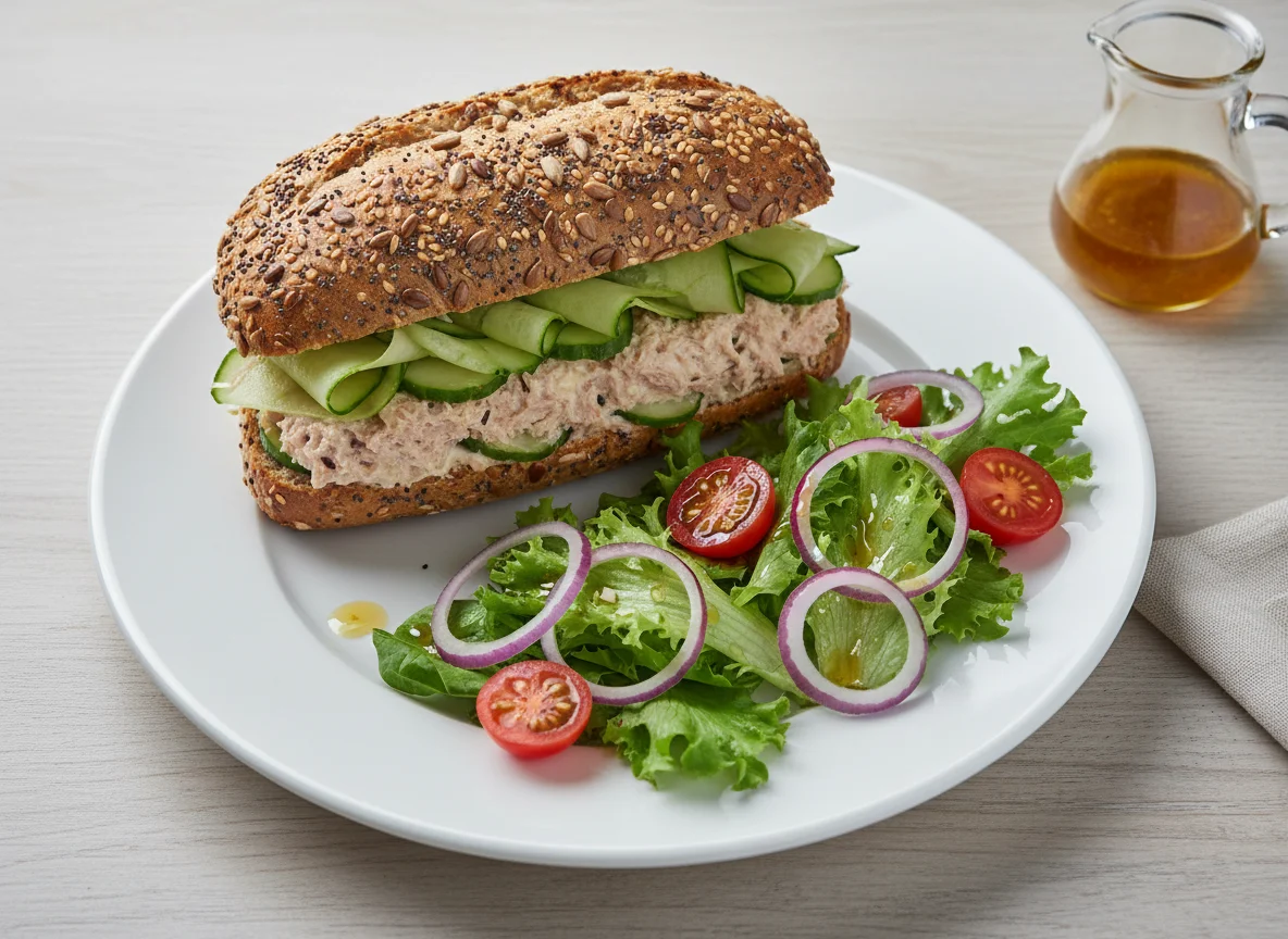Seed bun sandwich with side salad photo