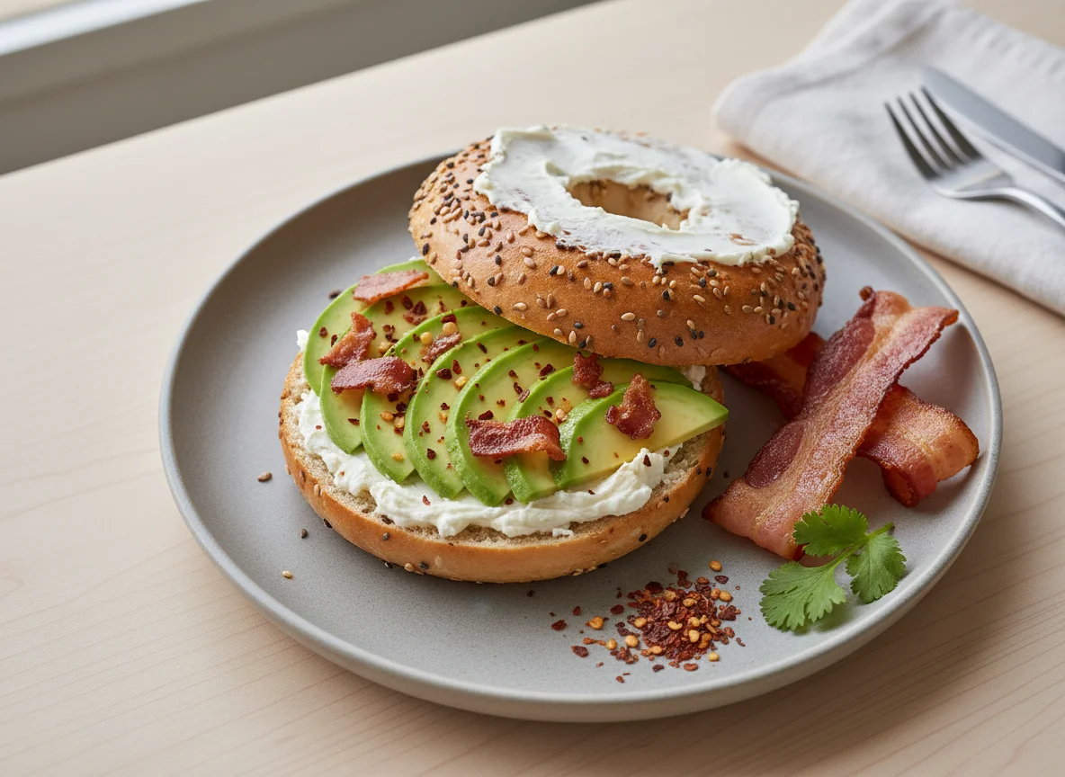 Seeded Bagel with Avocado and Bacon photo