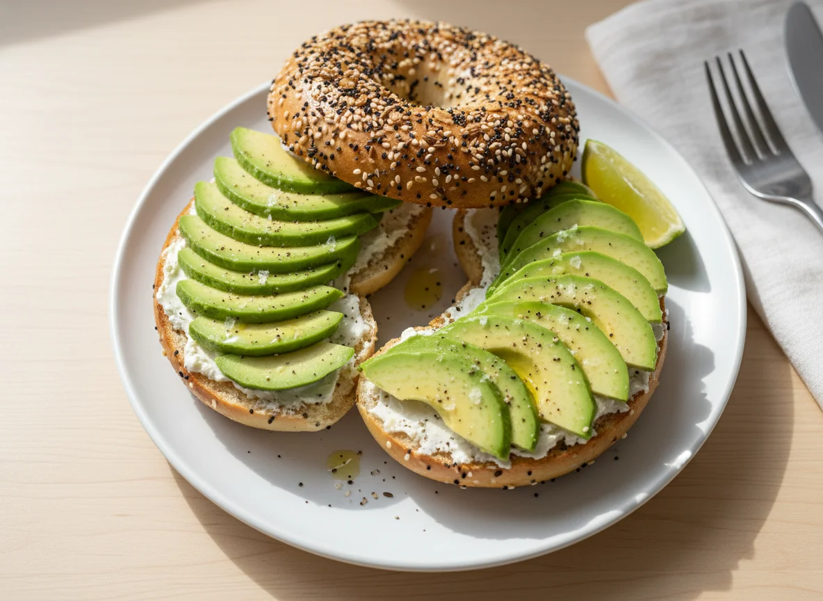Seeded bagel with avocado photo