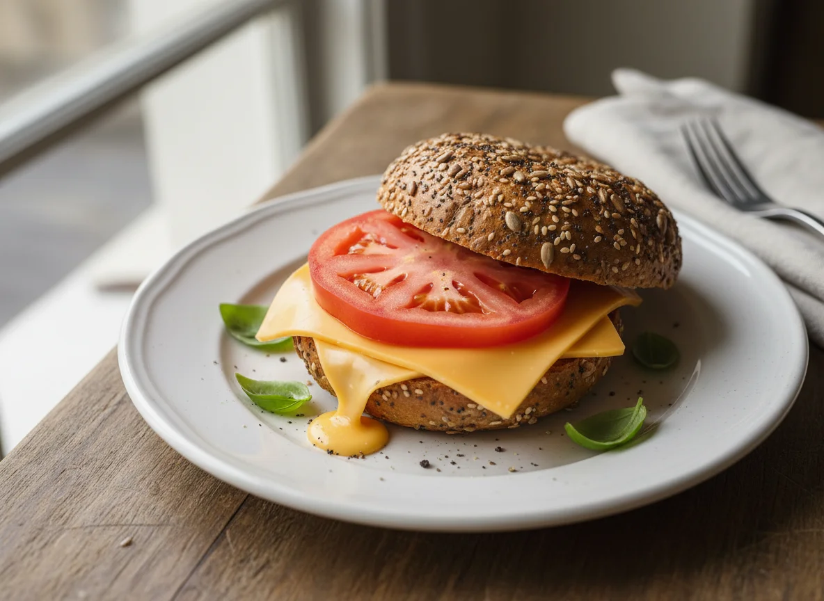 Seeded bun with cheese and tomato photo
