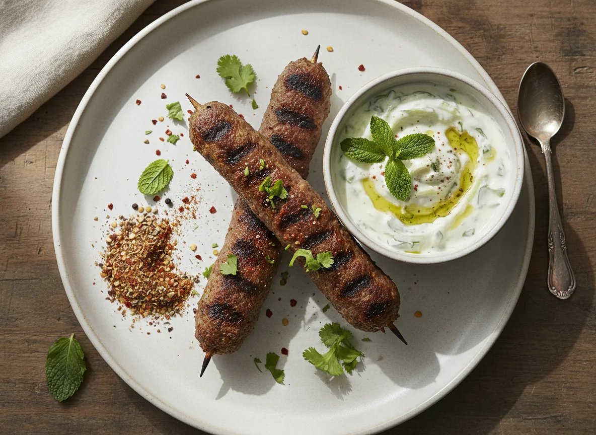 Seekh Kebab with Raita and Spices photo