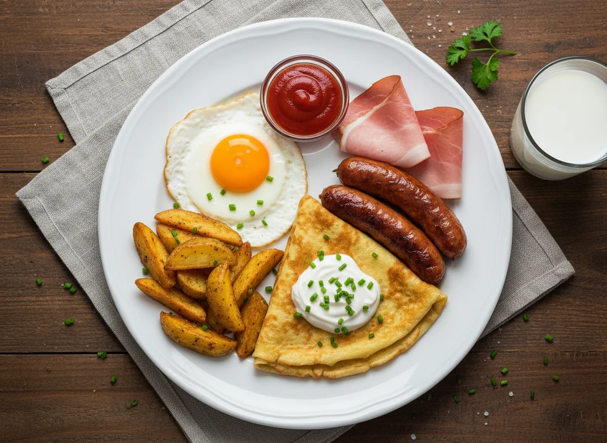 Serbian Breakfast Plate with Milk photo