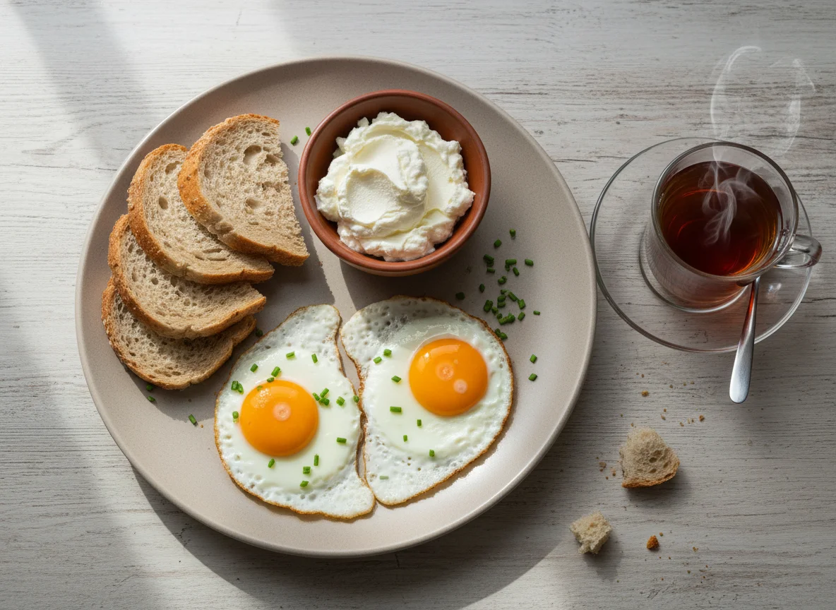 Serbian Breakfast with Fried Eggs, Bread, Kajmak, and Tea photo