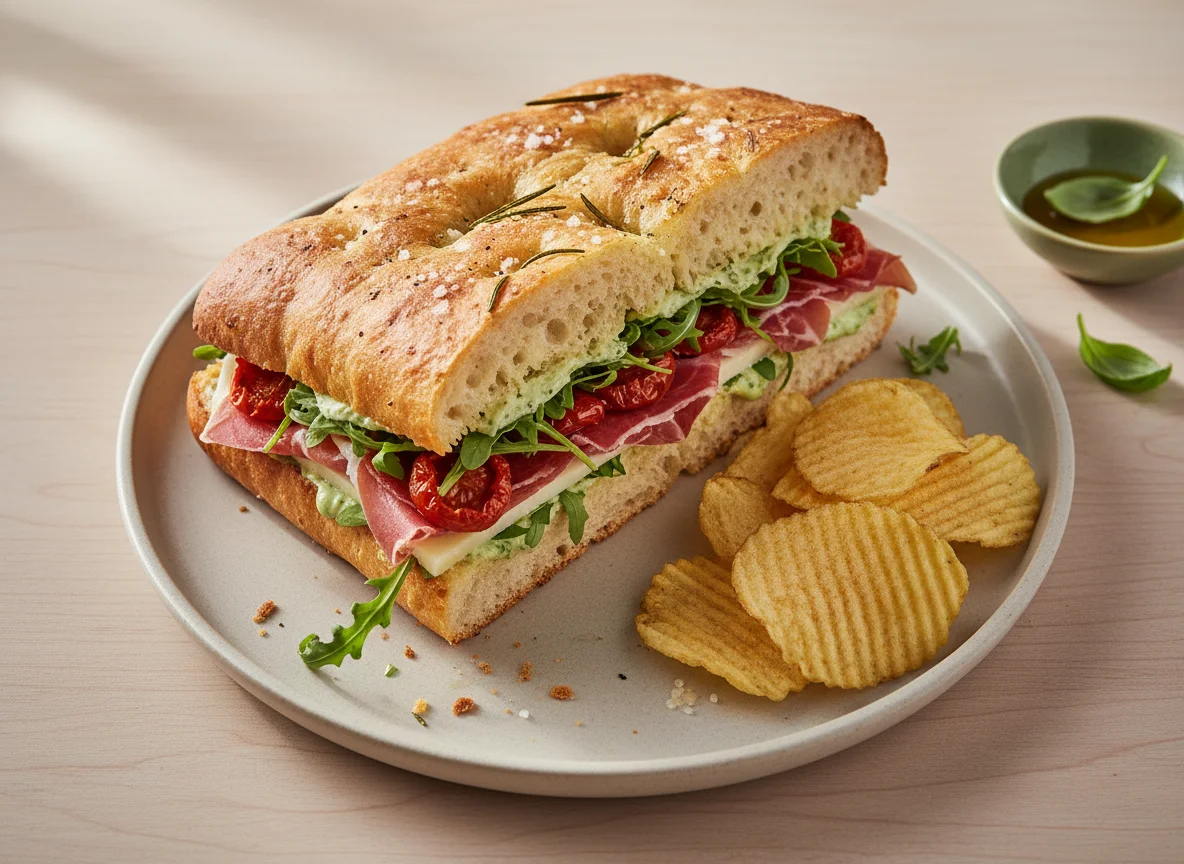 Serrano Ham and Cheese Focaccia Sandwich with Chips photo