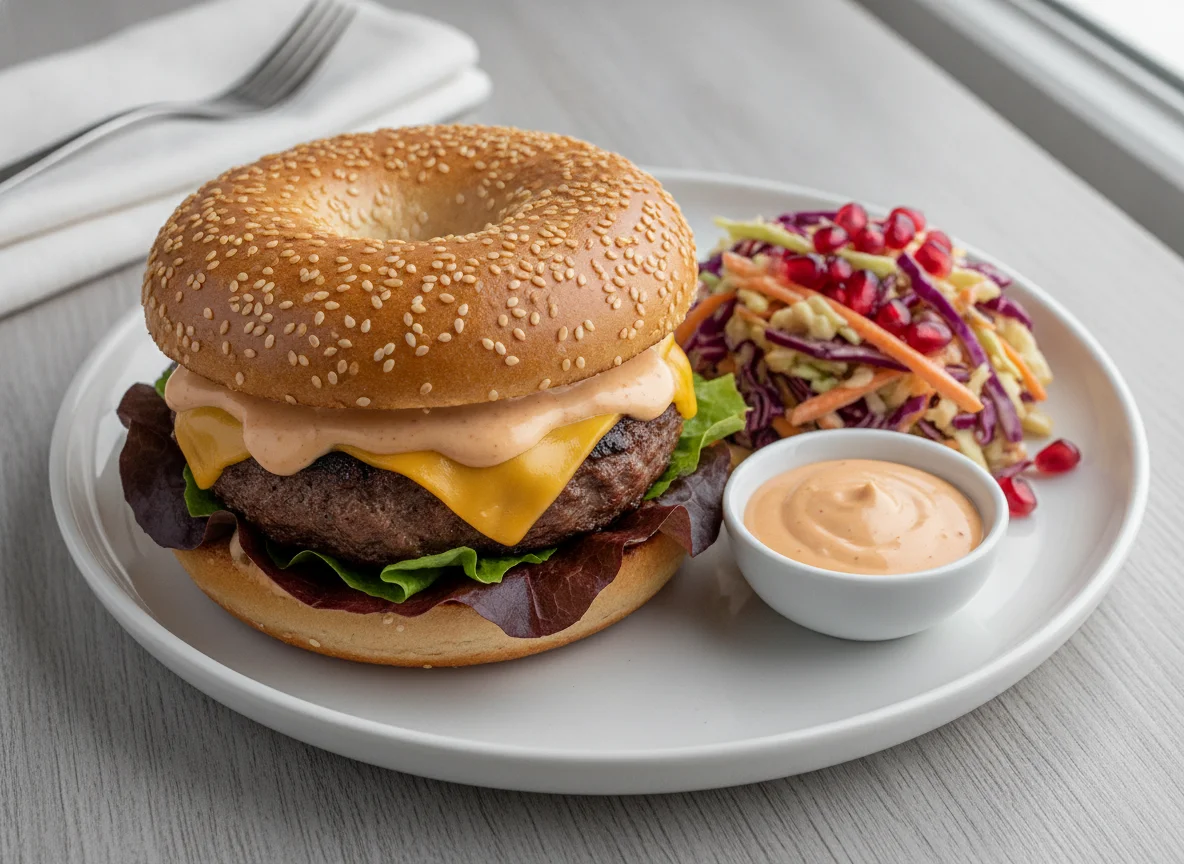Sesame Bagel Burger with Side Salad and Sauce photo