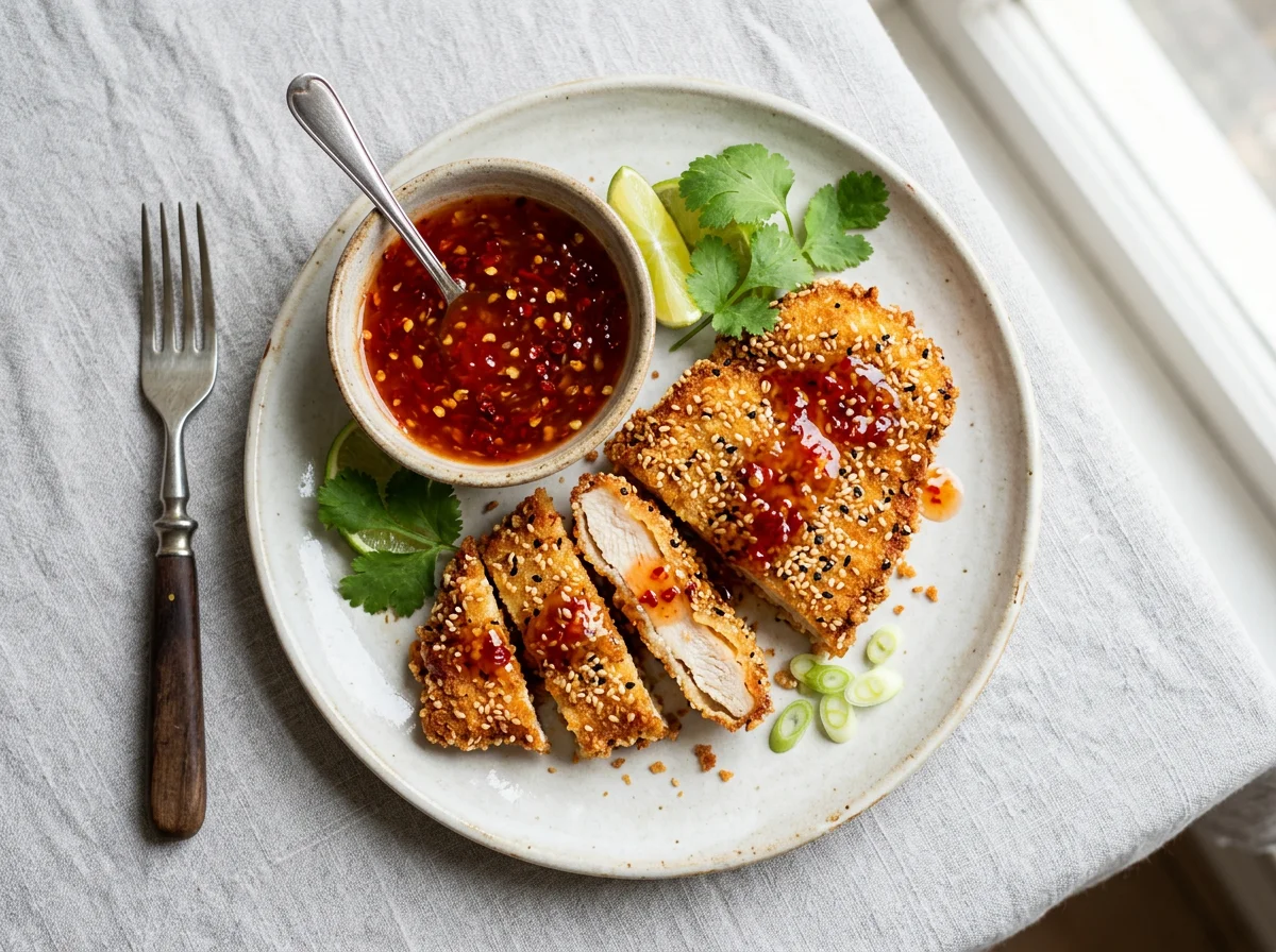 Sesame Crusted Chicken Schnitzel with Sweet Chili Sauce photo