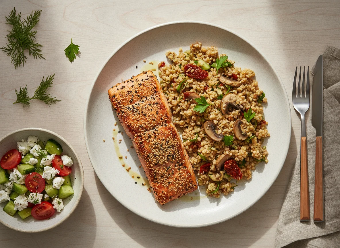 Sesame Crusted Salmon with Bulgur Salad and Cucumber Feta Side photo