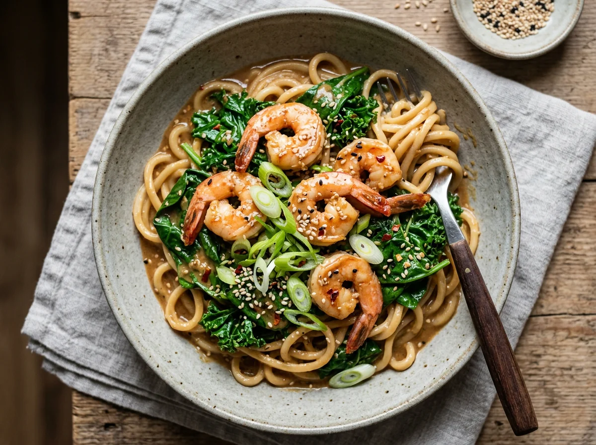 Sesame Noodles with Shrimp and Greens photo