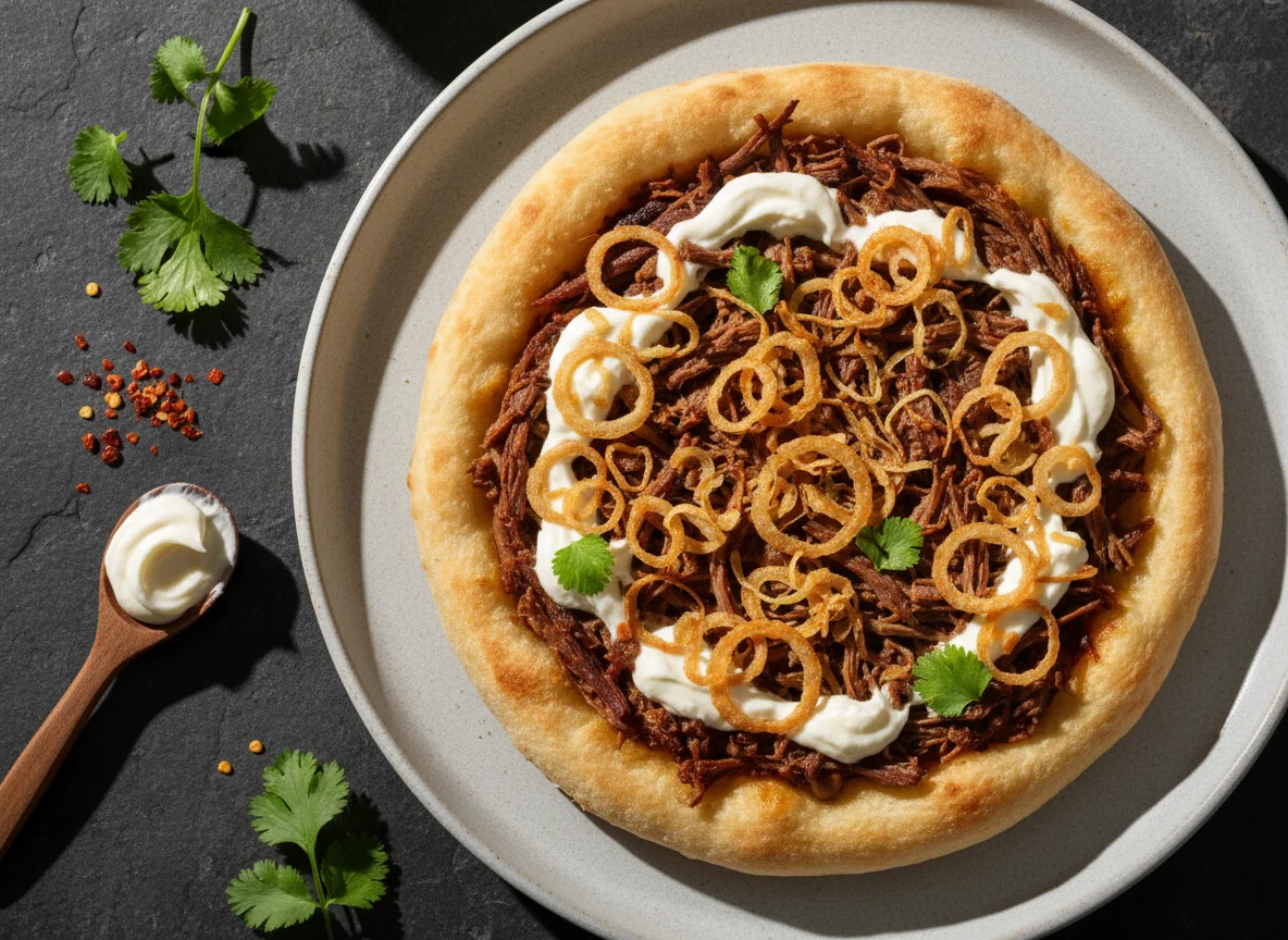 Sfiha with Pulled Dry Beef, Requeijao and Crispy Onion photo