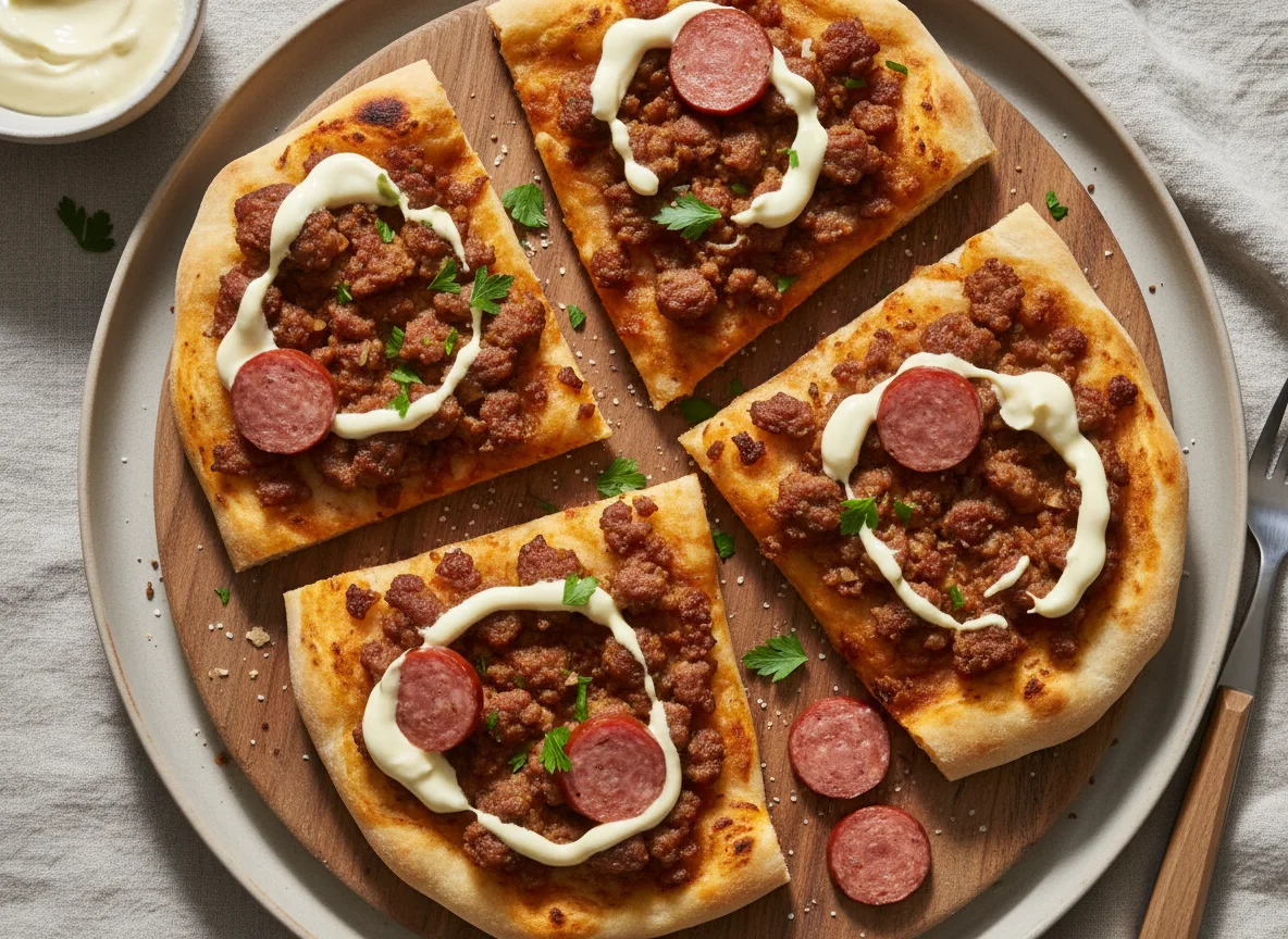 Sfiha with sausage and aioli cream photo