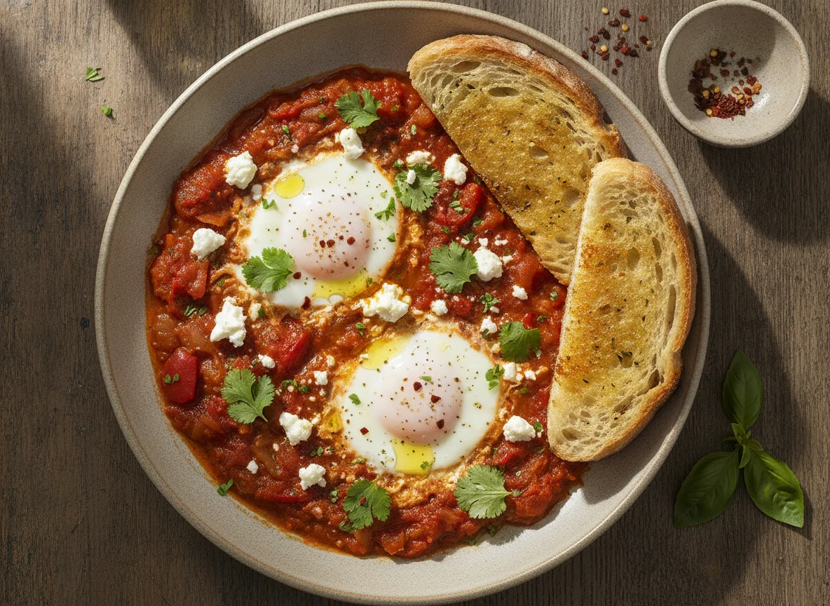 Shakshuka with Feta and Toasted Bread photo