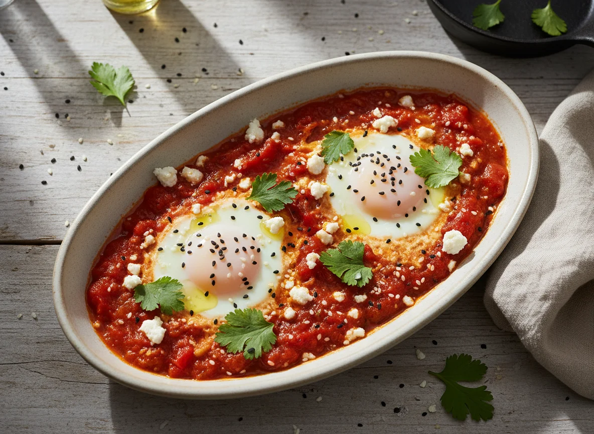Shakshuka with Poached Eggs and Feta photo