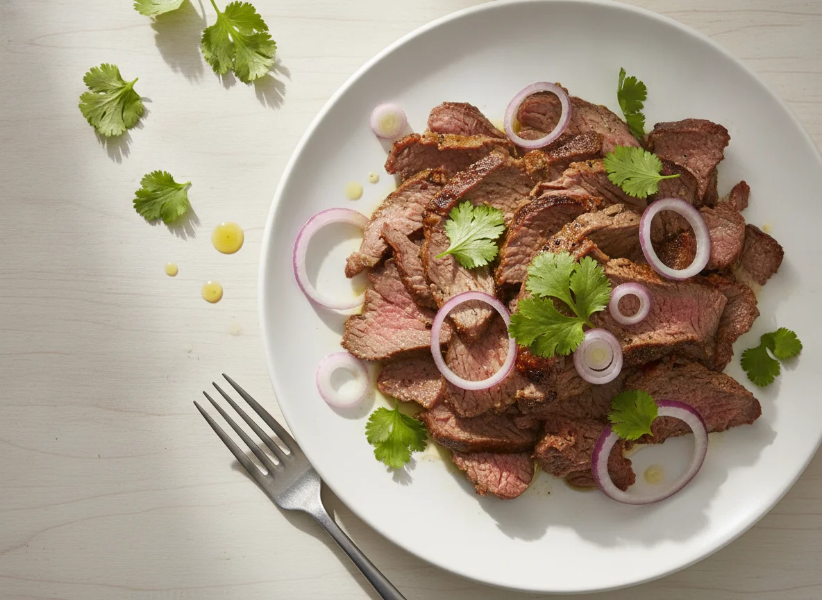 Shaved beef with red onions and cilantro photo