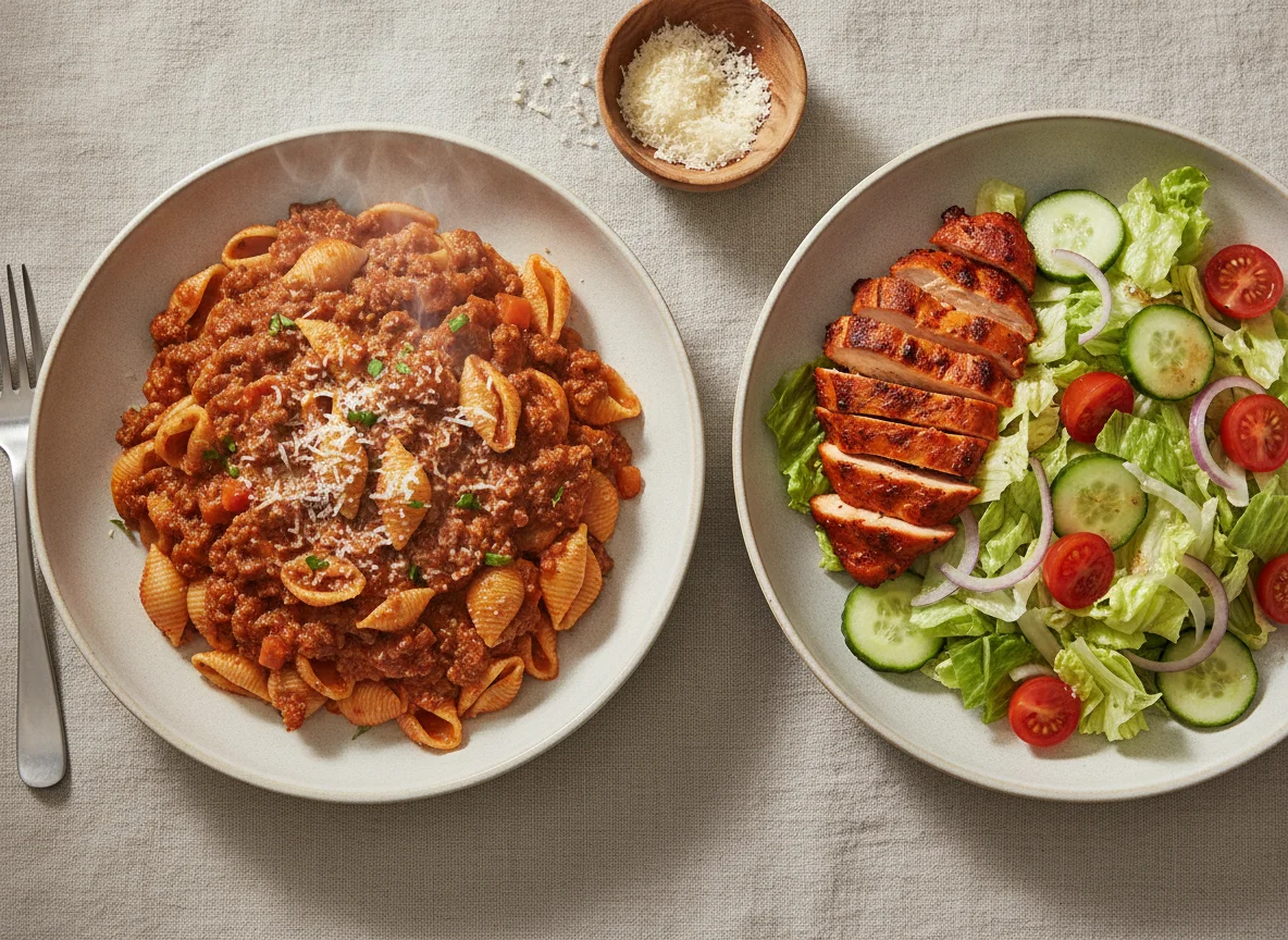 Shell Pasta with Meat Sauce and Tandoori Chicken Salad photo
