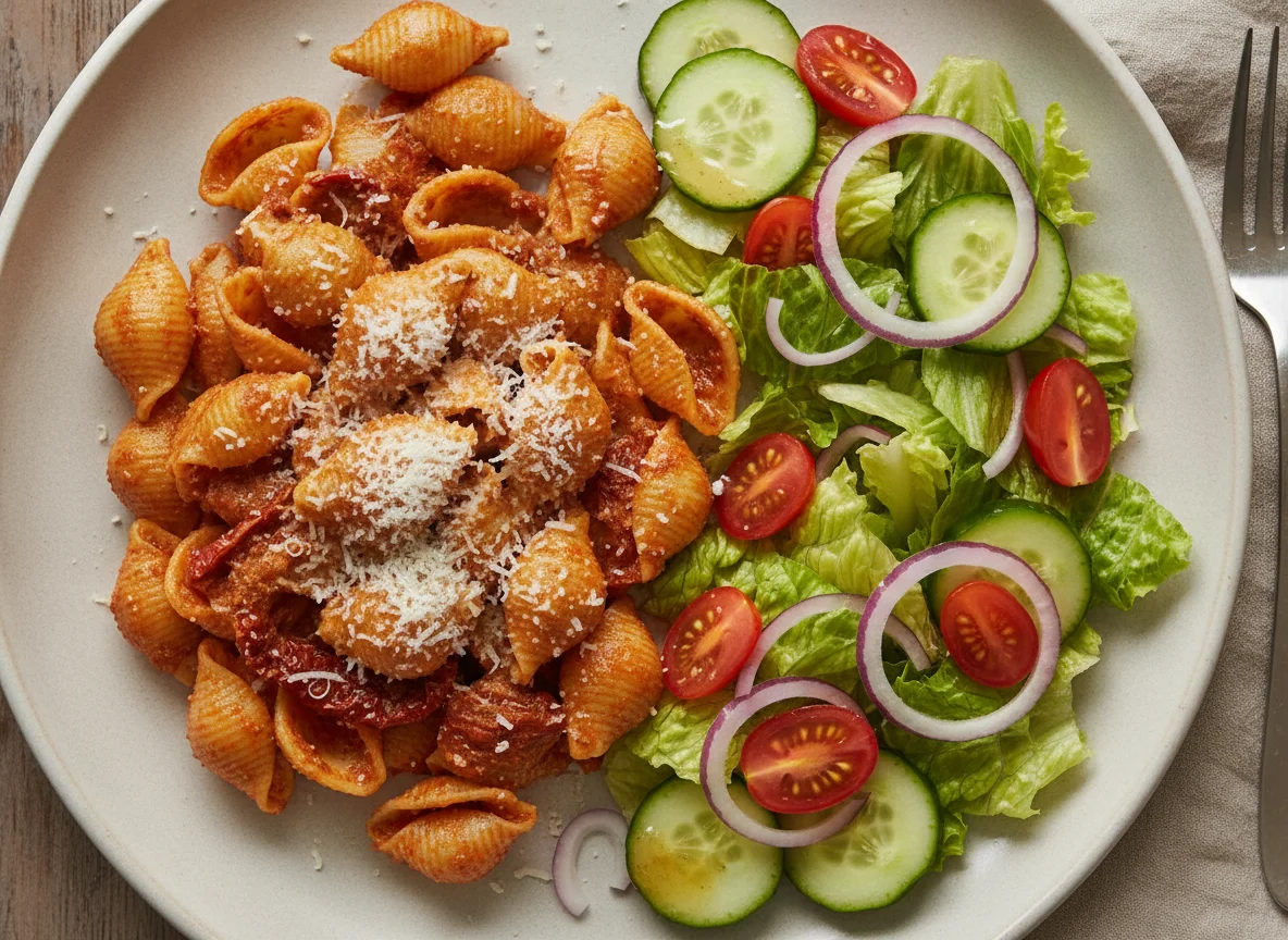 Shell Pasta with Pesto and Side Salad photo