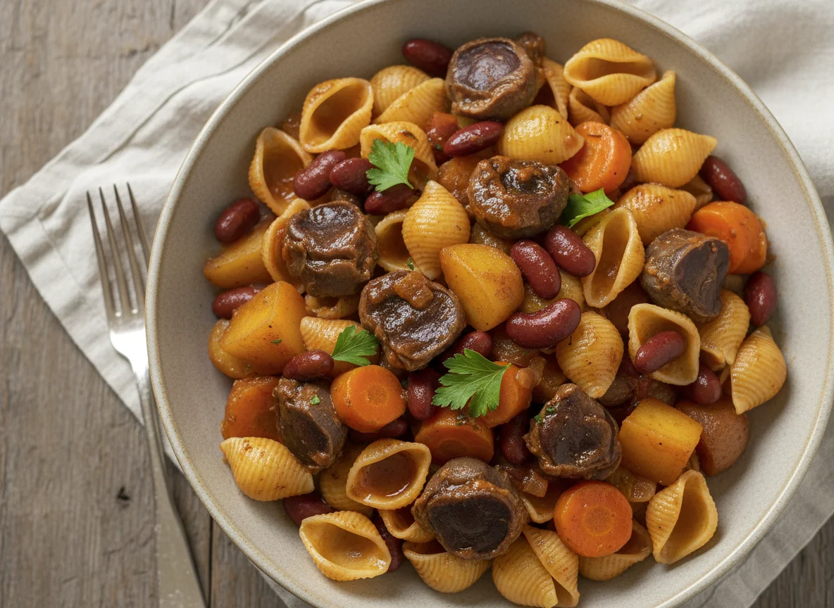 Shell pasta with stewed gizzard, kidney beans, carrots and potatoes photo