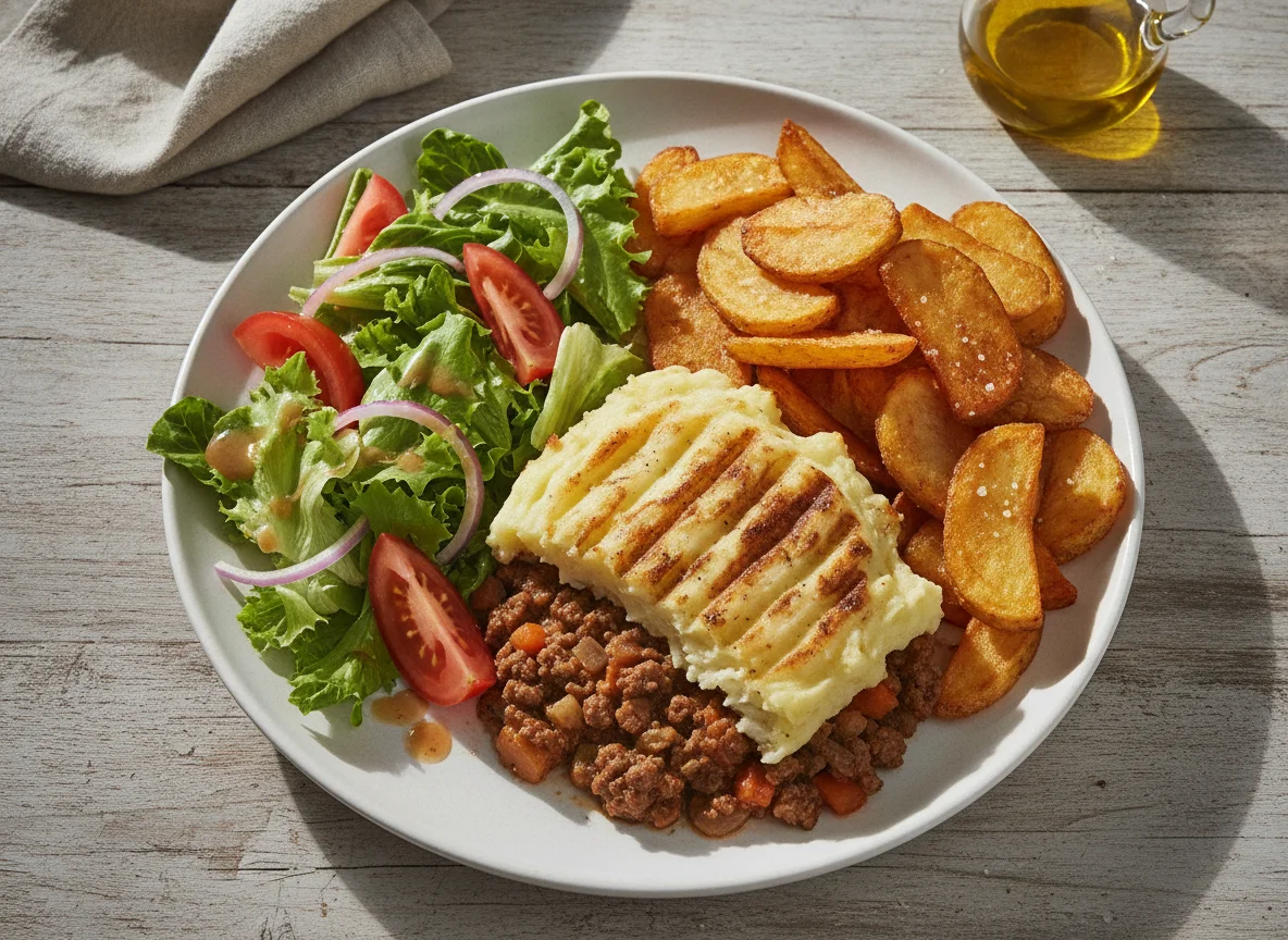 Shepherd's Pie with Chips and Side Salad photo