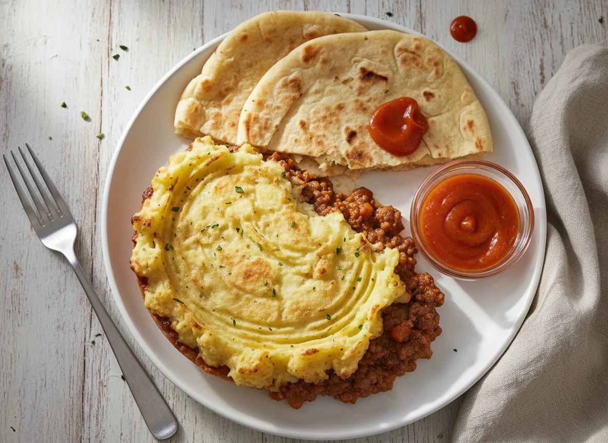 Shepherd's Pie with Flatbread and Nando's Garlic Hot Sauce photo