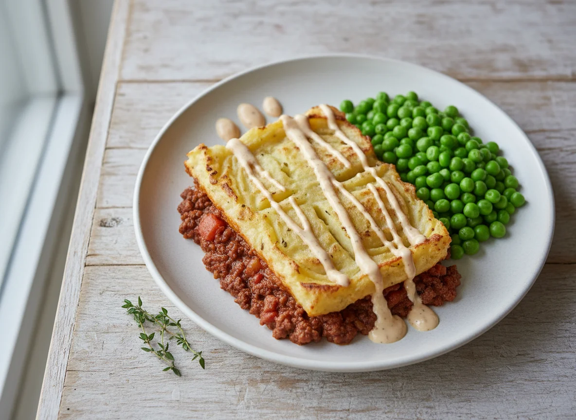 Shepherd's Pie with Peas and Nando's Garlic Sauce photo