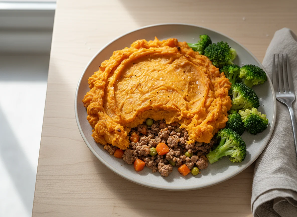 Shepherd's Pie with Sweet Potato Topping and Broccoli photo