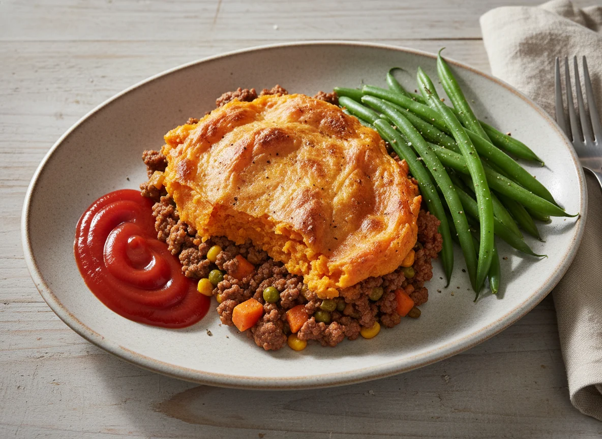 Shepherd's Pie with Sweet Potato Topping, Green Beans, and Ketchup photo