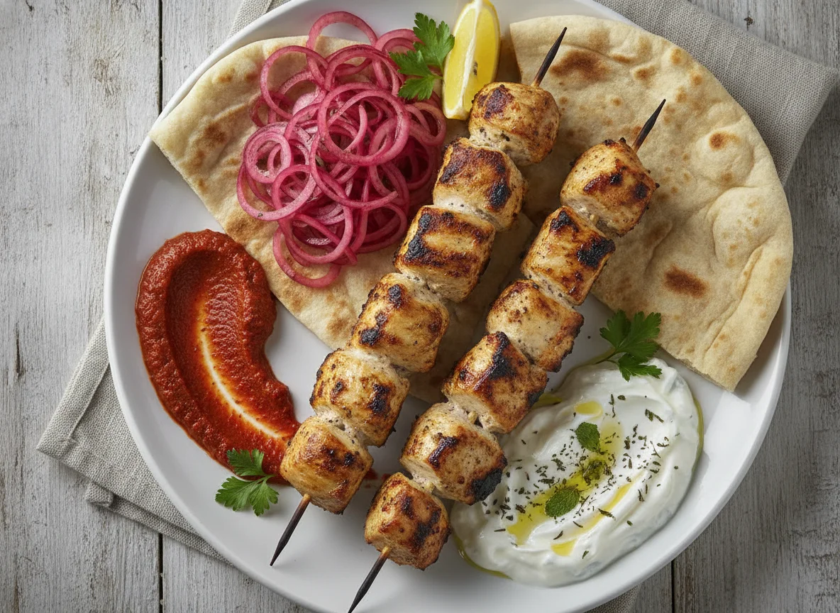 Shish Taouk Chicken Kebab with Lavash and Sauces photo