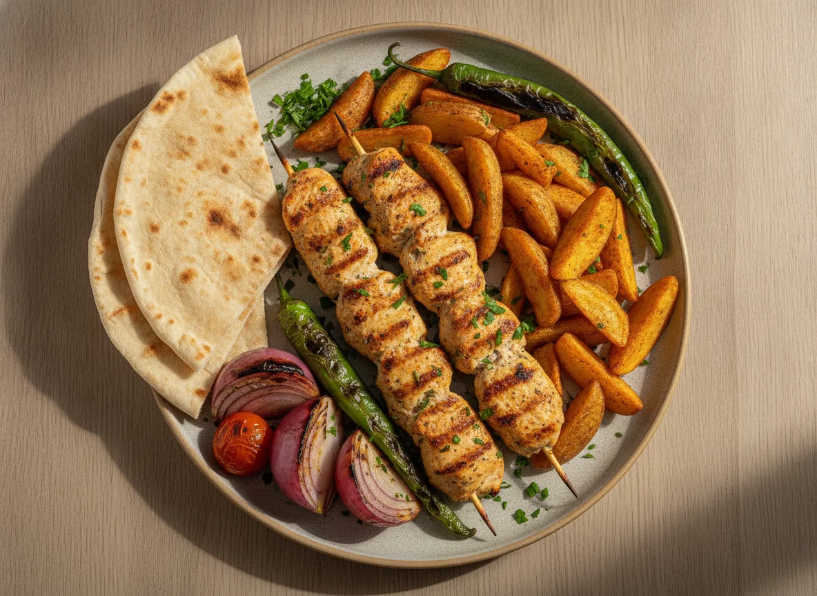 Shish Taouk with Potato Wedges and Grilled Vegetables photo