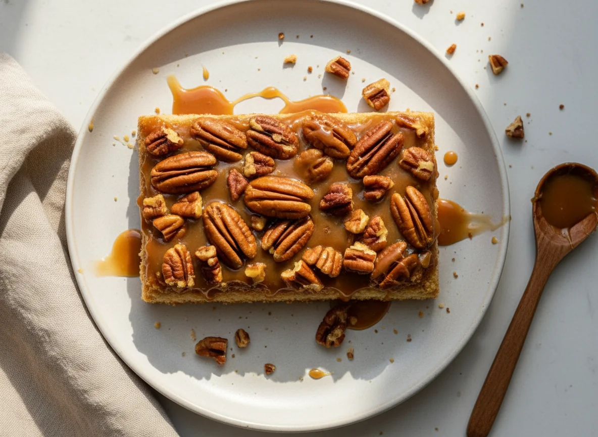 Shortbread bar with caramel and pecans photo