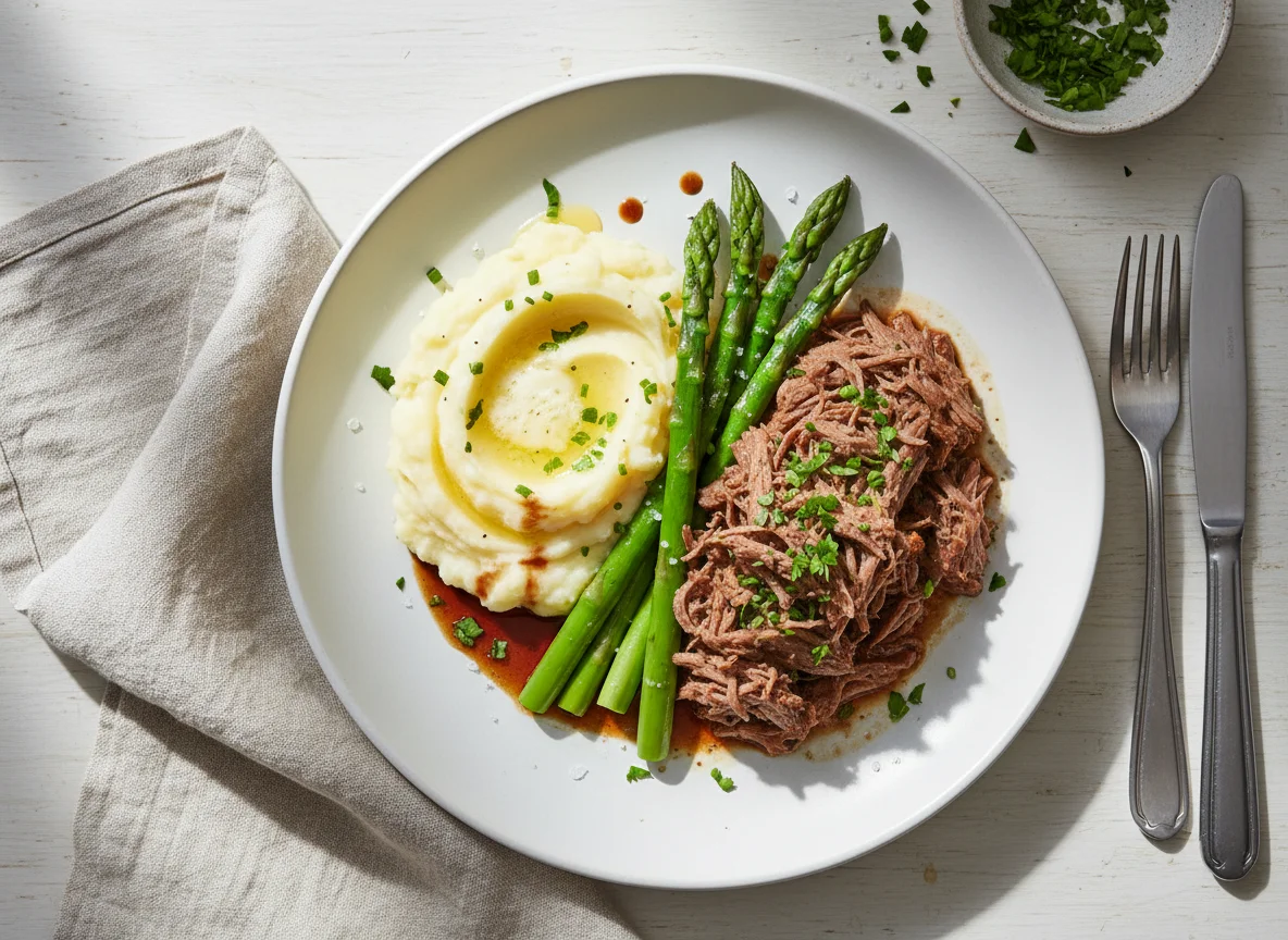 Shredded Beef with Mashed Potatoes and Asparagus photo