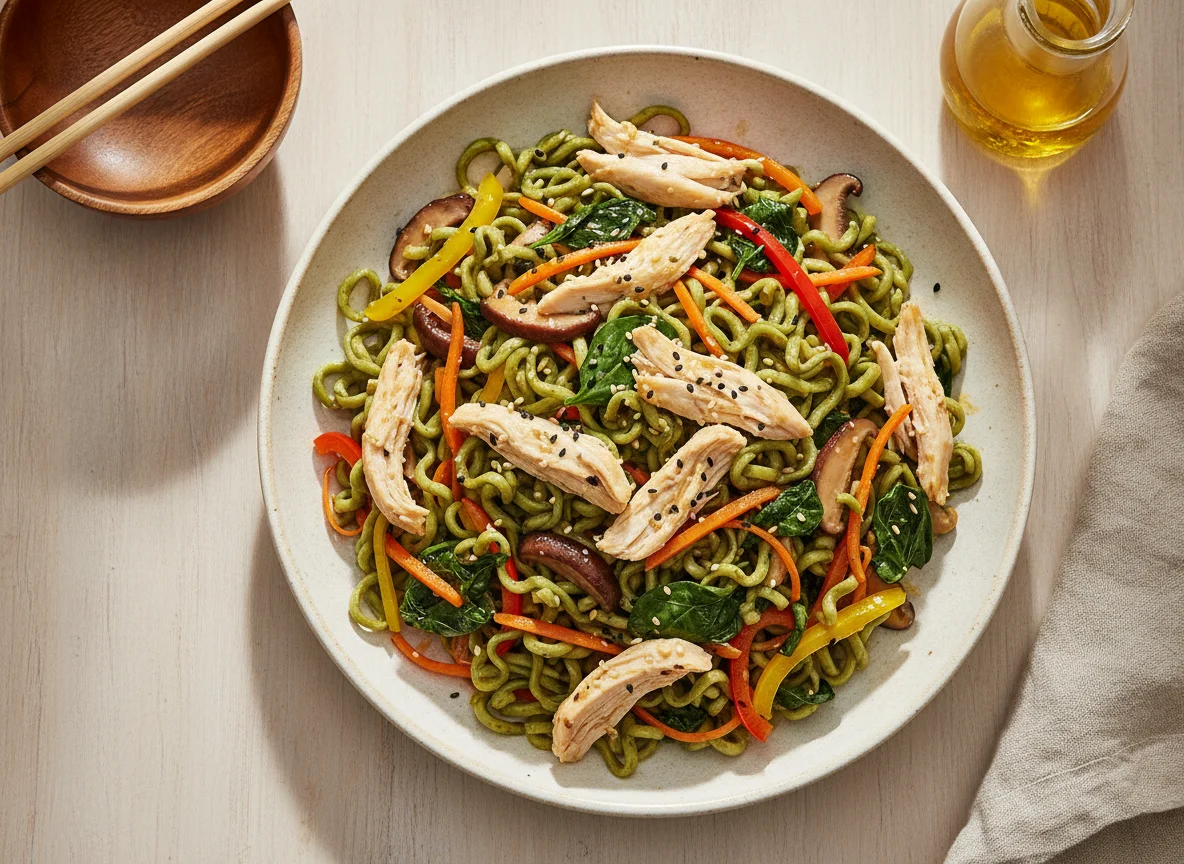 Shredded Chicken Spinach Noodles photo