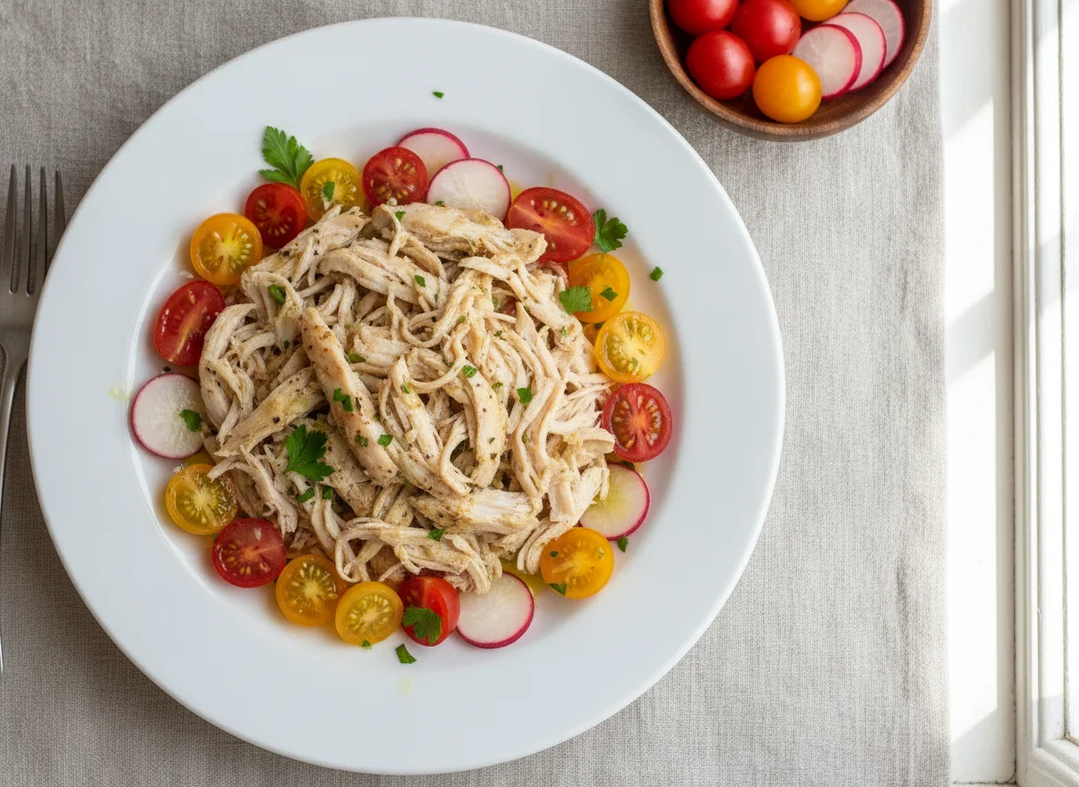 Shredded chicken with cherry tomatoes and radish photo