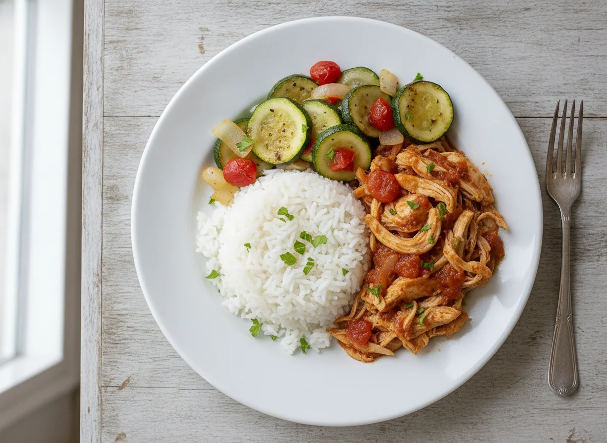 Shredded Chicken with White Rice and Zucchini photo