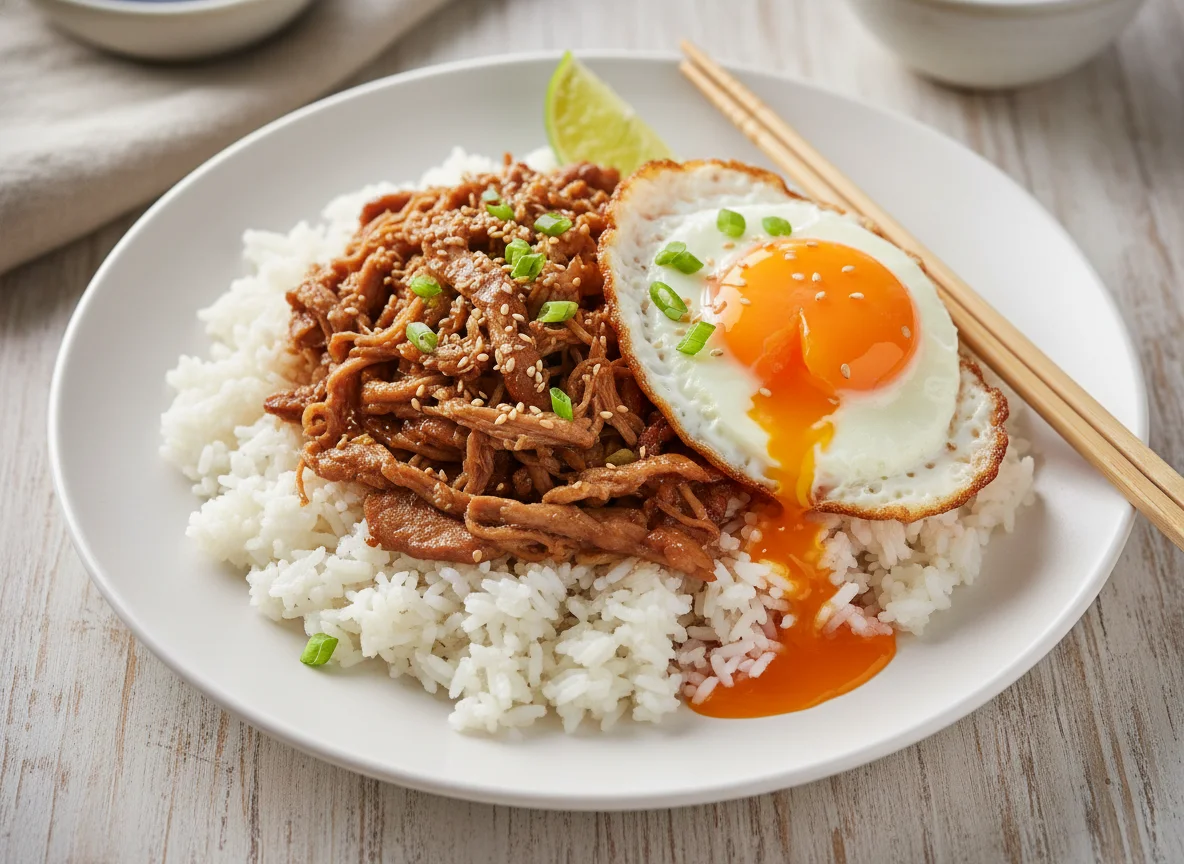 Shredded Pork with Rice and Fried Egg photo