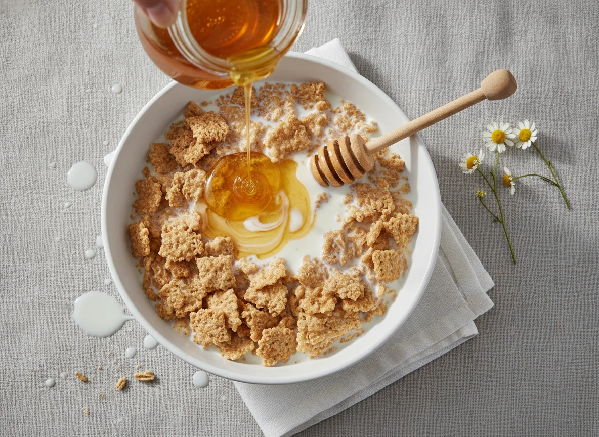 Shredded wheat cereal with milk and honey photo