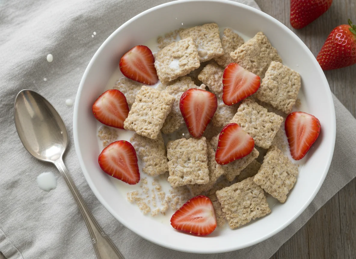 Shredded Wheat Cereal with Strawberries and Milk photo