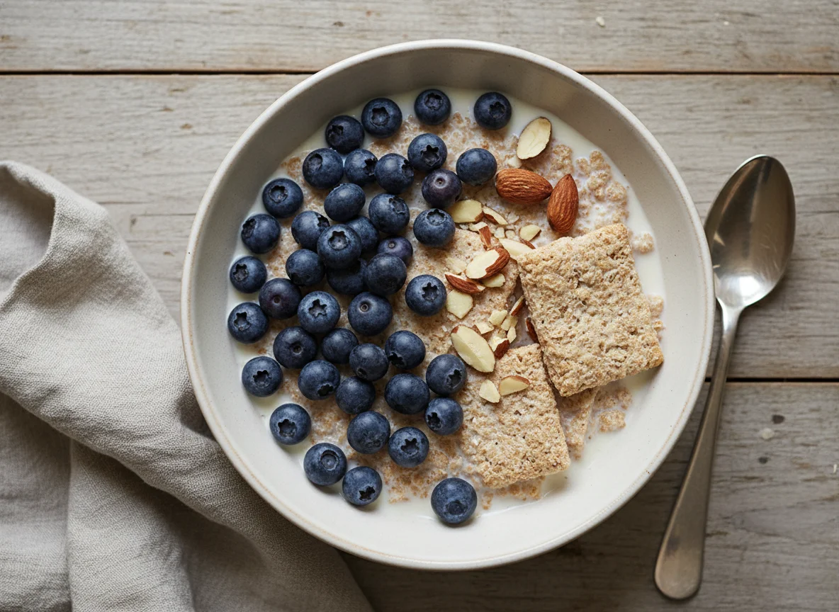 Shredded Wheat with Blueberries and Almond Milk photo