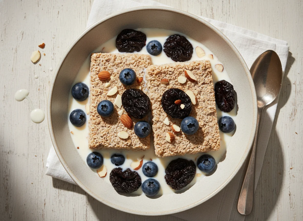 Shredded Wheat with Prunes, Blueberries and Almond Milk photo