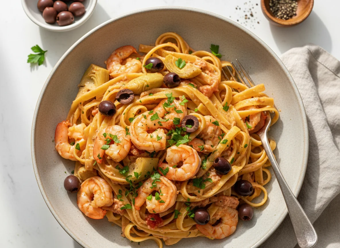 Shrimp and Artichoke Pasta with Olives photo