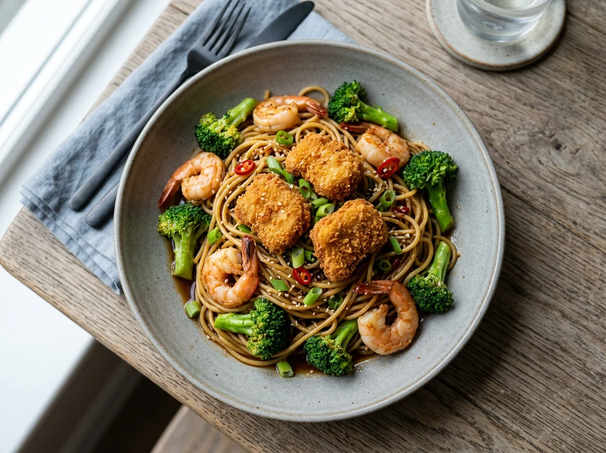 Shrimp and Broccoli Pasta with Fried Chicken photo