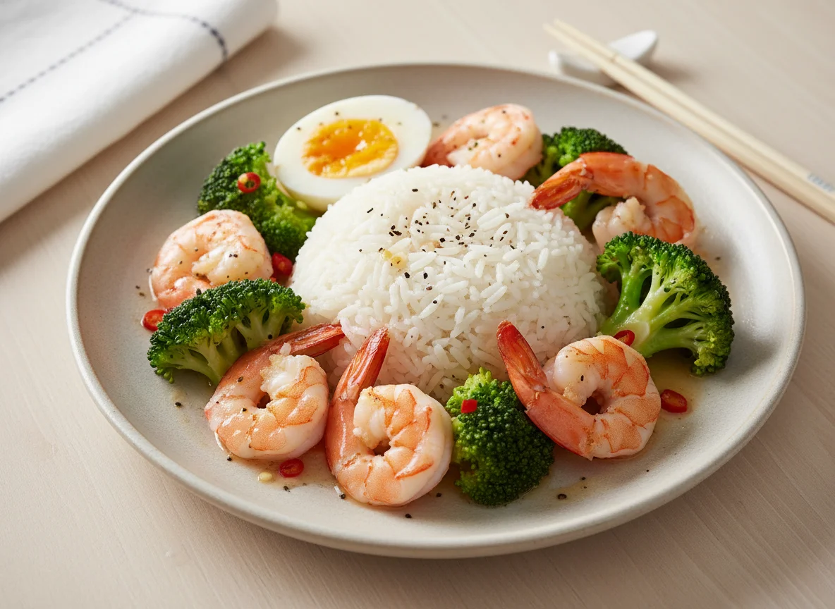 Shrimp and Broccoli with Rice and Egg photo