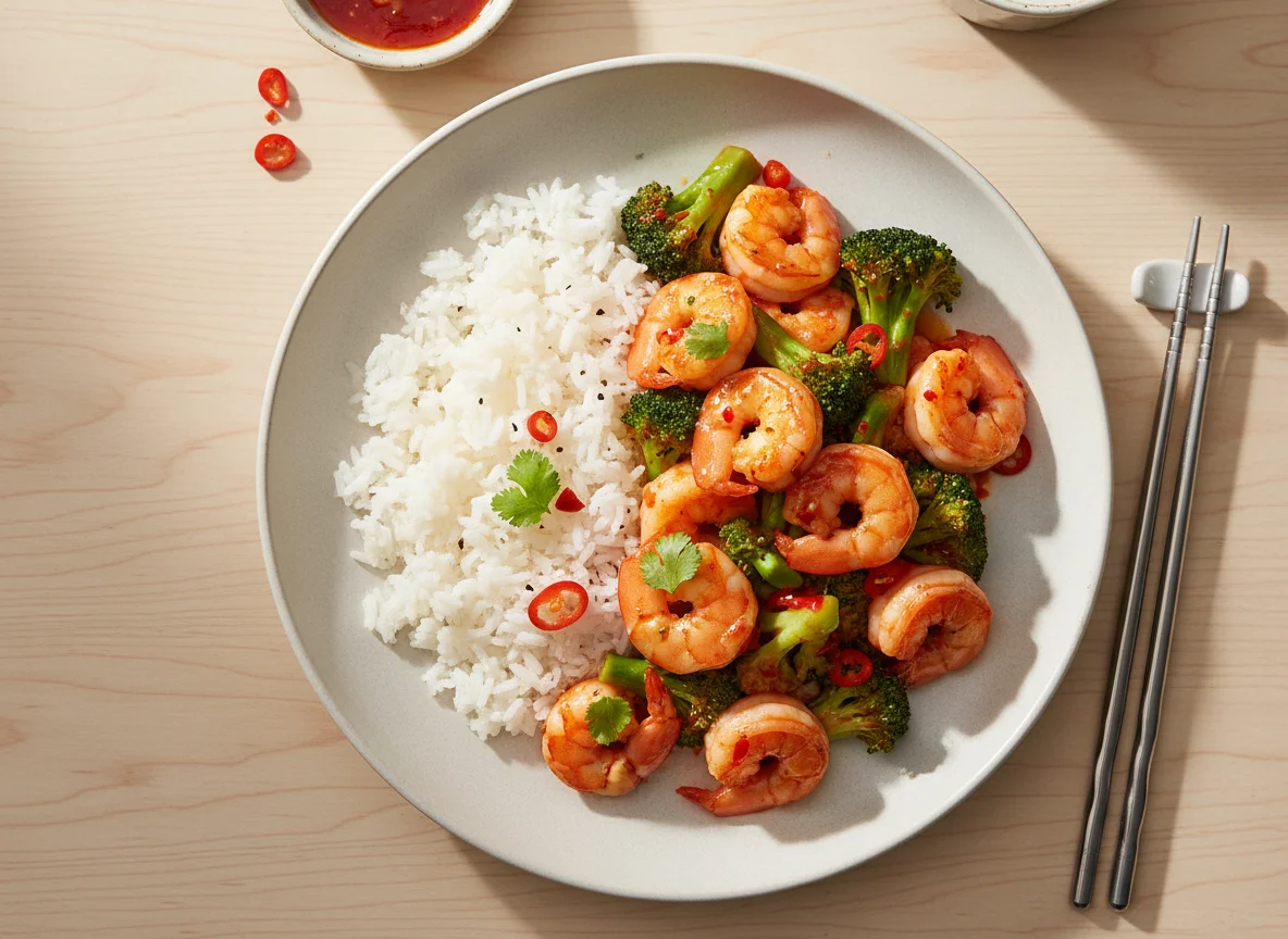 Shrimp and Broccoli with Rice and Sauce photo