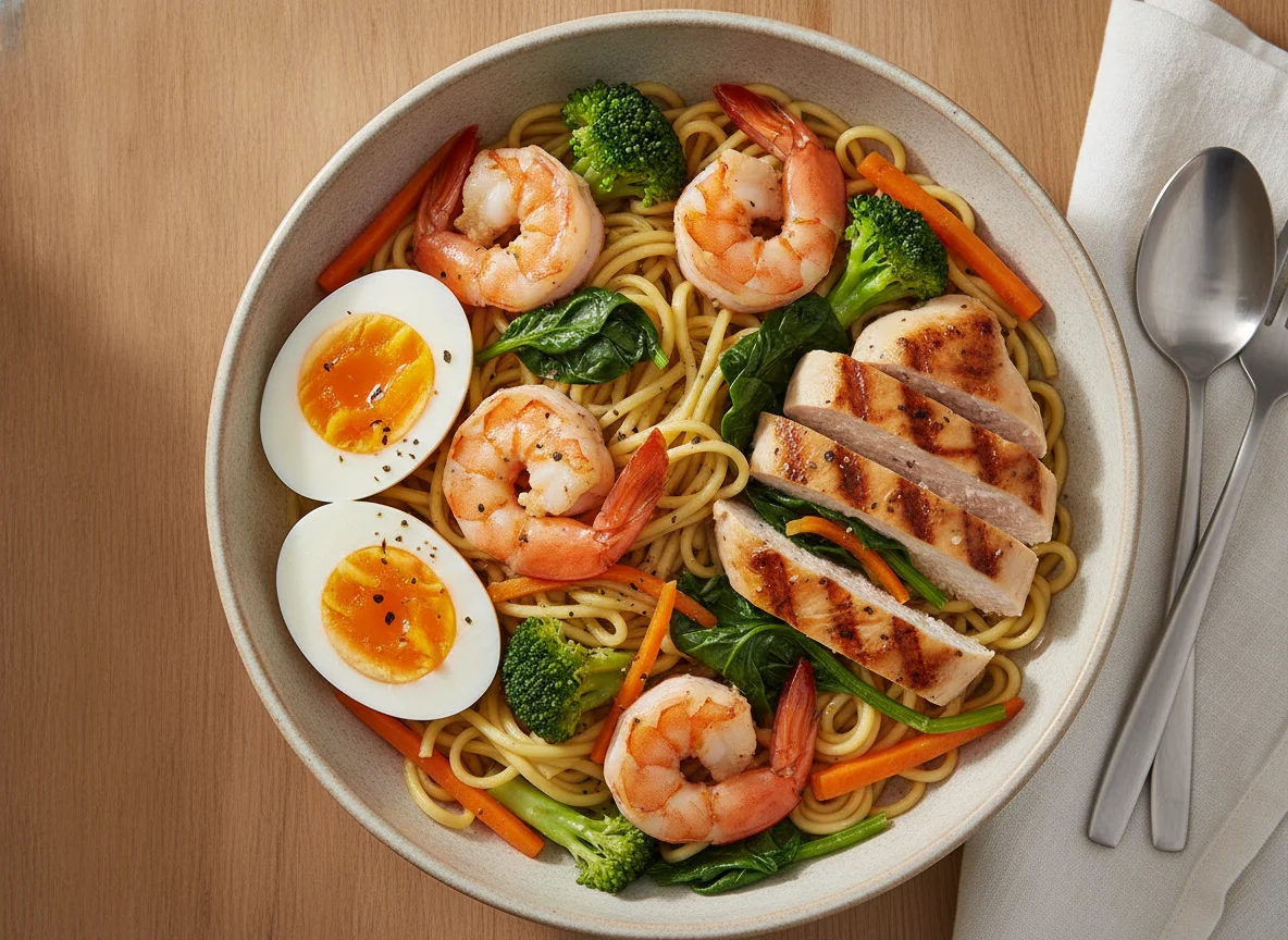 Shrimp and Chicken Noodle Bowl with Boiled Eggs photo