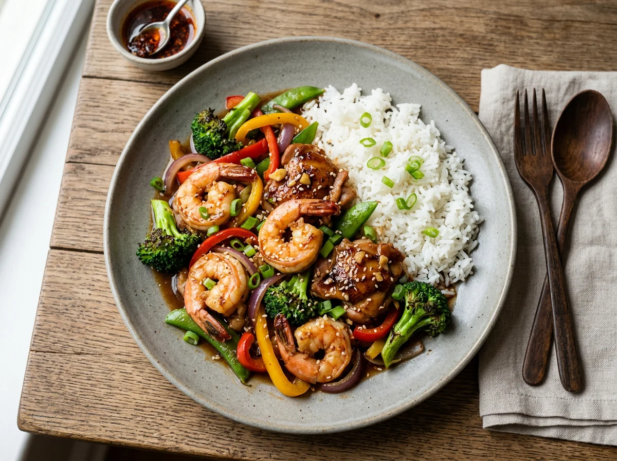 Shrimp and Chicken Stir-fry with Rice and Broccoli photo