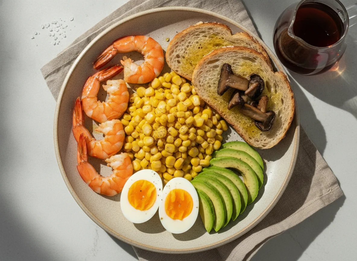 Shrimp and Corn Plate with Avocado, Egg, and Bread photo