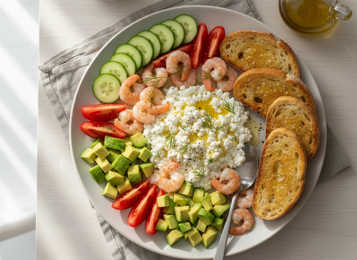 Shrimp and Cottage Cheese Plate with Vegetables and Toast photo